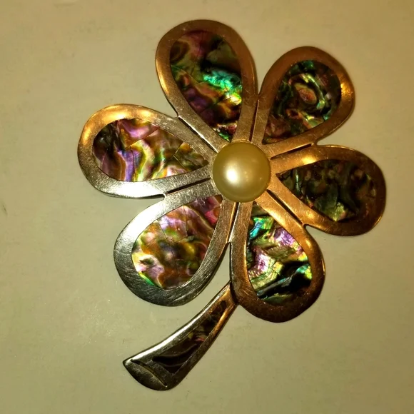 🔻REDUCED❣Los Ballesteros Vintage Silver Abalone Clover Brooch Hand Crafted Rare